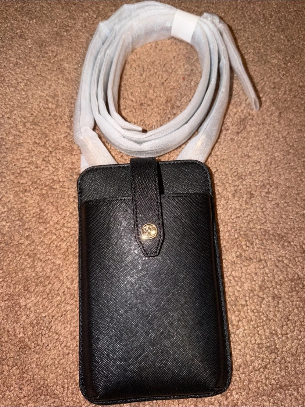 Michael Kors Black Leather Card Wallet Crossbody with Gold Hardware